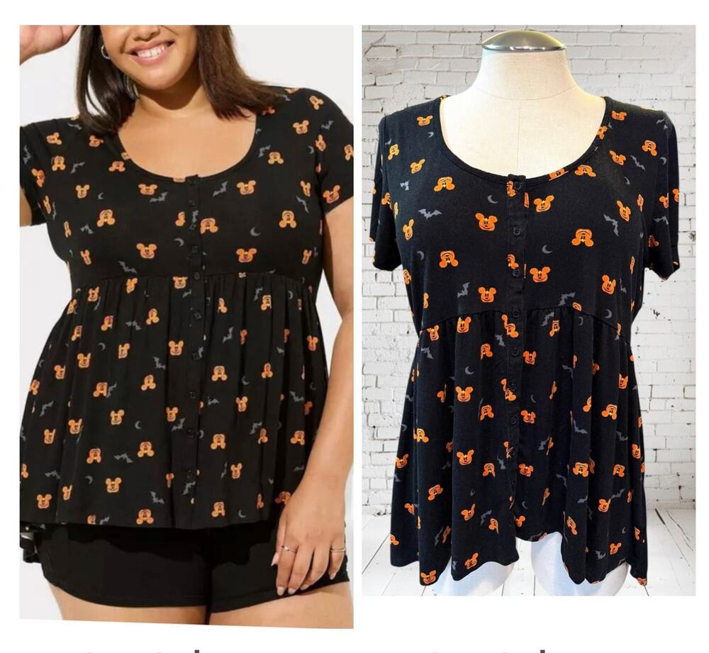 Torrid 1 (1X) Disney Mickey Mouse Pumpkins Halloween Super Soft Babydoll Top